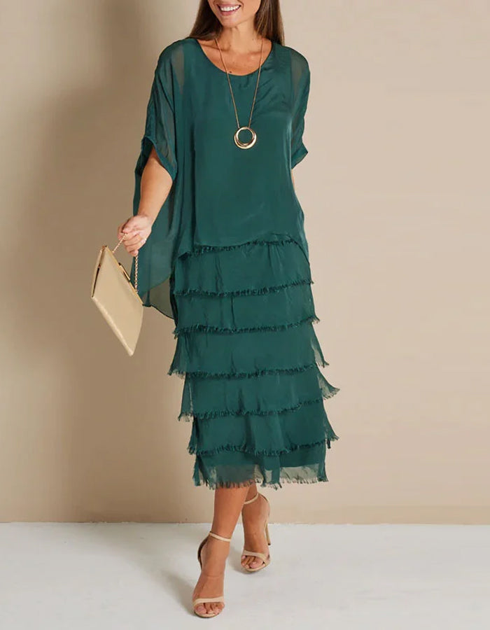 Elegant Chiffon Midi Dress with Tiered Fringe Skirt and Sheer Overlay