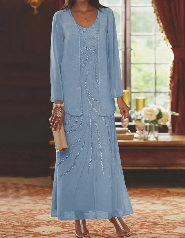 Sophisticated Lace Gown with Illusion Sleeves and Sequin Embellishments