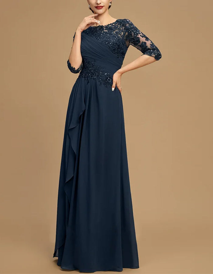 Robe longue en mousseline et dentelle bleu foncé à col rond
