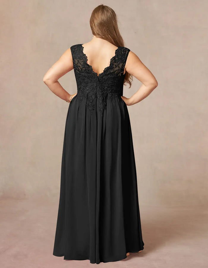 Black Sequined Chiffon A-Line V-Neck Maxi Dress