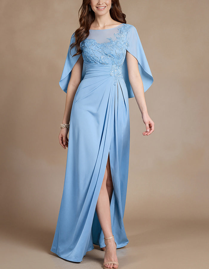 Elegant Eucalyptus Green Cape Sleeve Evening Dress with Lace Details