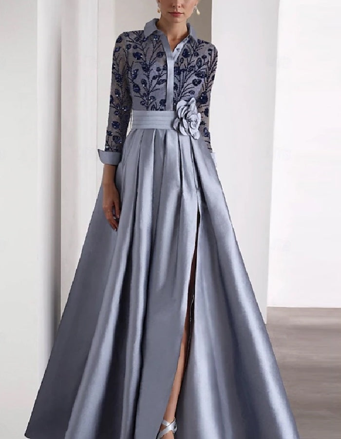 Elegant Satin Gown with Embroidered Bodice and Floral Waist Detail