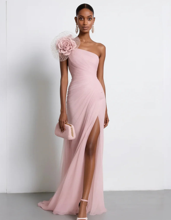 Light Pink Chiffon One Shoulder 3D Camellia Slit Maxi Dress