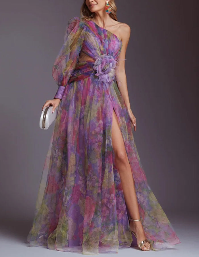 Elegant Organza Gown with Asymmetrical Neckline and Floral Appliqué