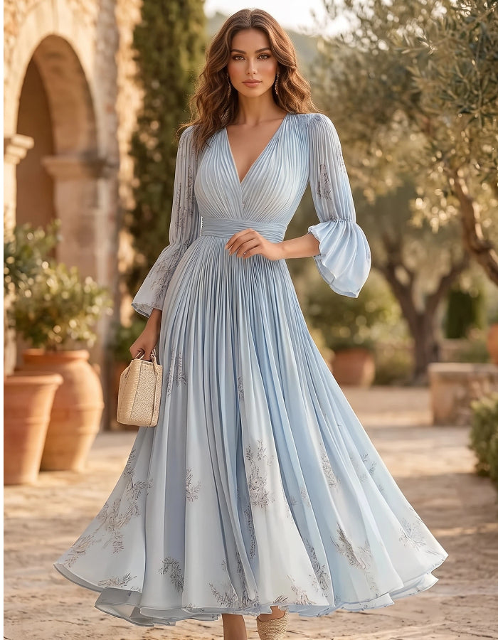 Graceful Light Blue Chiffon Dress with Pleated Bodice and Bell Sleeves
