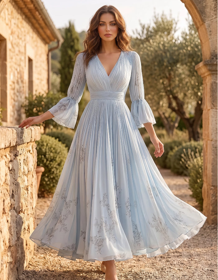 Graceful Light Blue Chiffon Dress with Pleated Bodice and Bell Sleeves