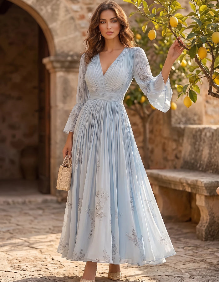 Graceful Light Blue Chiffon Dress with Pleated Bodice and Bell Sleeves