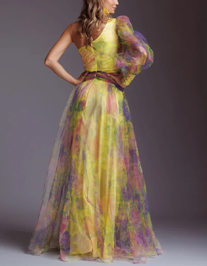 Elegant Organza Gown with Asymmetrical Neckline and Floral Appliqué