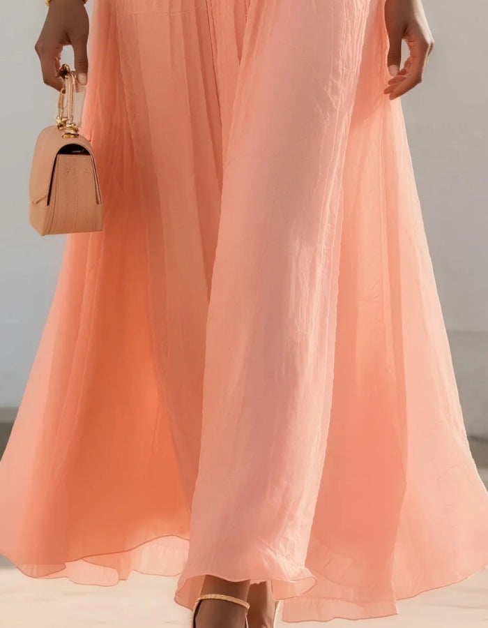 Peach Pleated Maxi Dress with Circular Cut-Out Detail