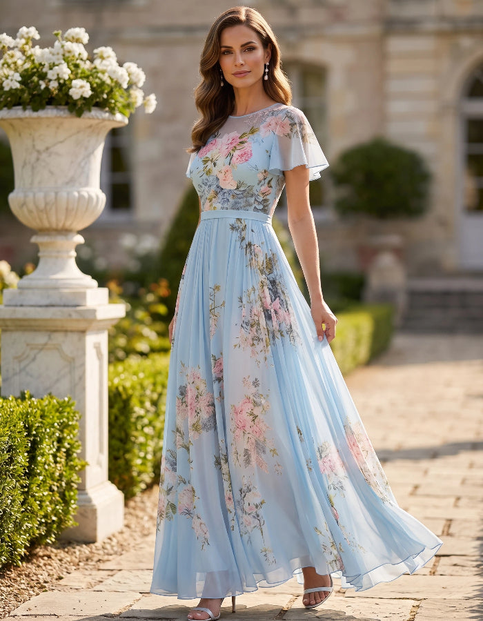 Light Blue Chiffon Gown with Floral Print and Sheer Flutter Sleeves