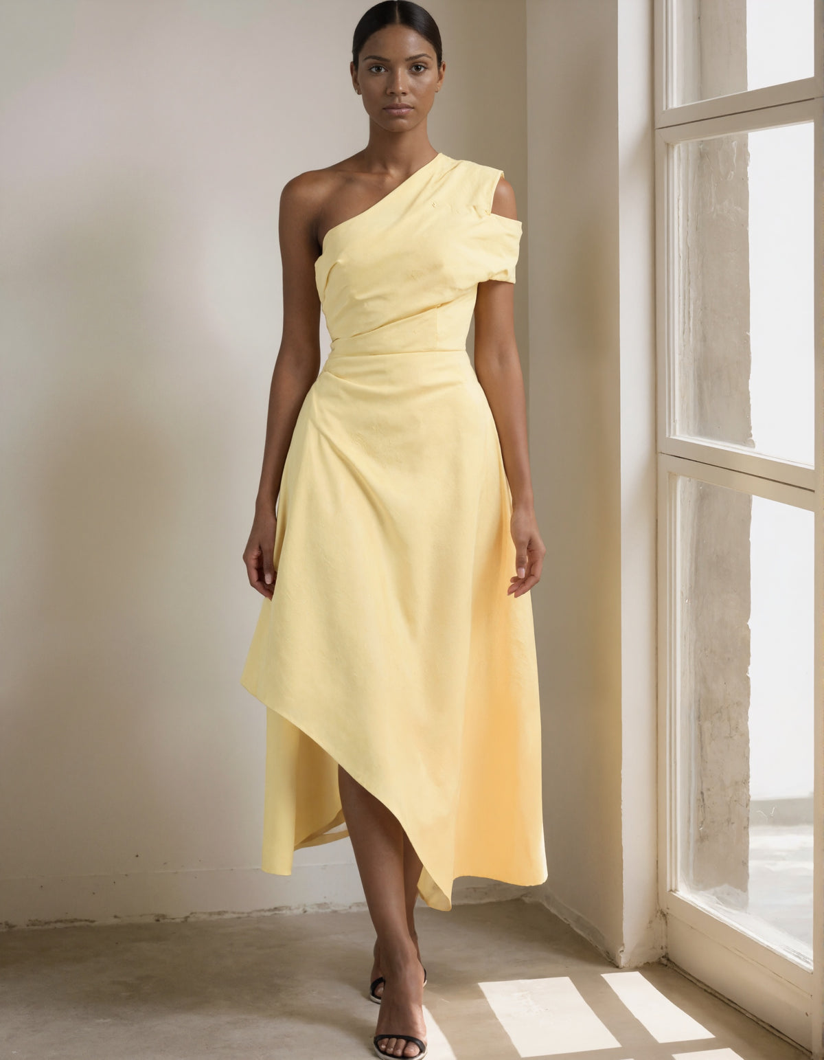 Off-shoulder Light Yellow Midi Dress