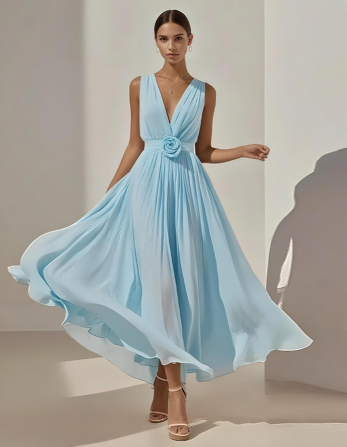 Vestido Midi Romántico de Gasa Plisada con Cintura Floral