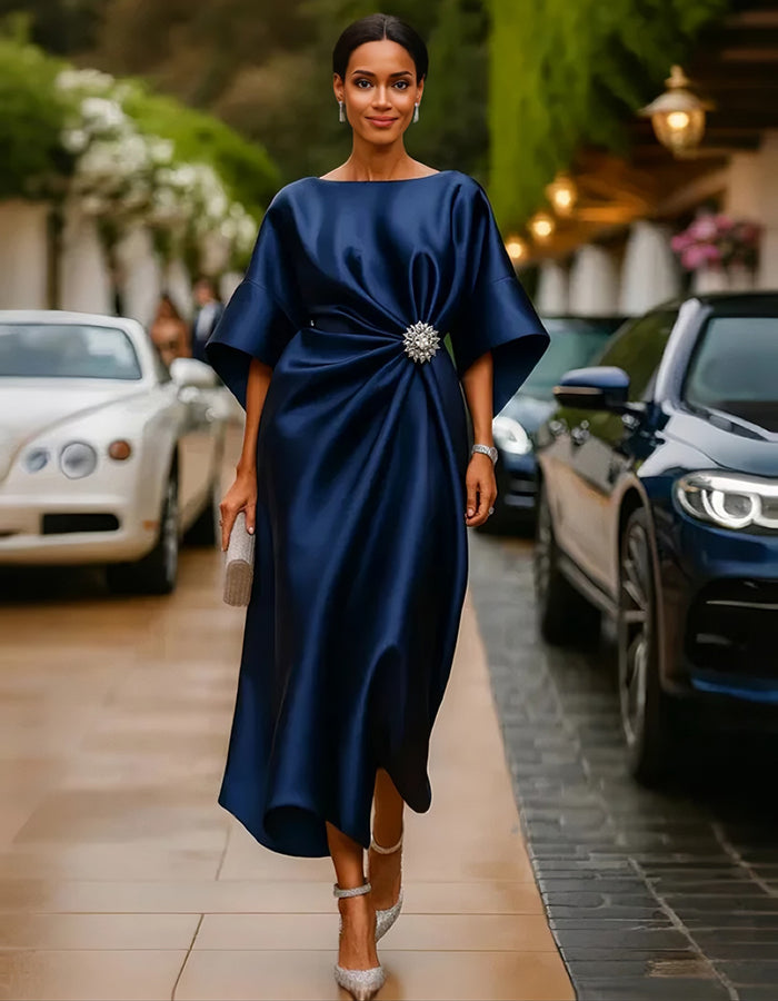 Short Sleeves Solid Satin Midi Dress
