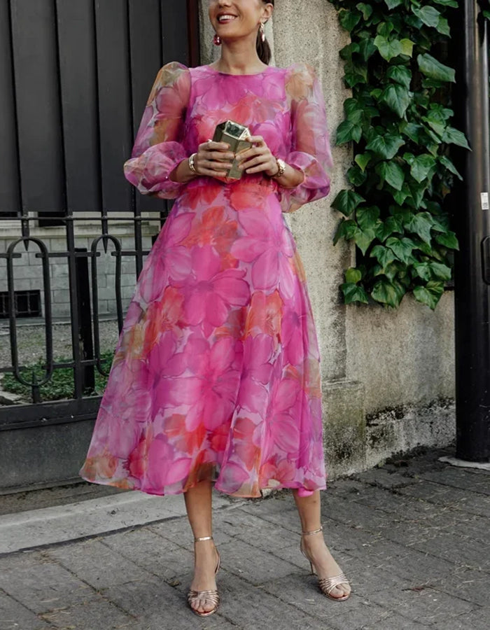 Elegant Organza Midi Dress with Sheer Puff Sleeves and Floral Print