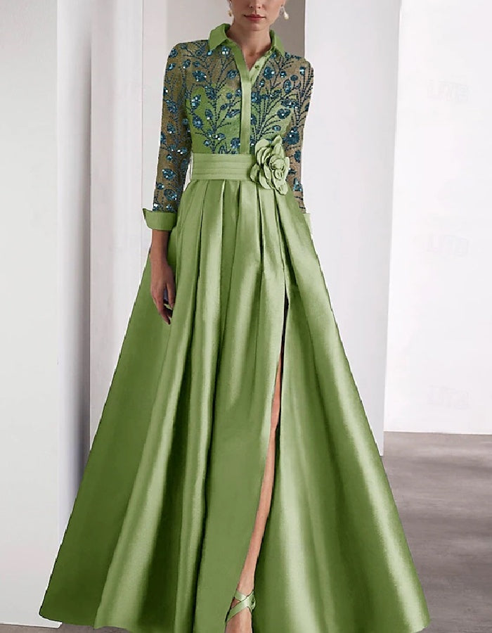 Elegant Satin Gown with Embroidered Bodice and Floral Waist Detail