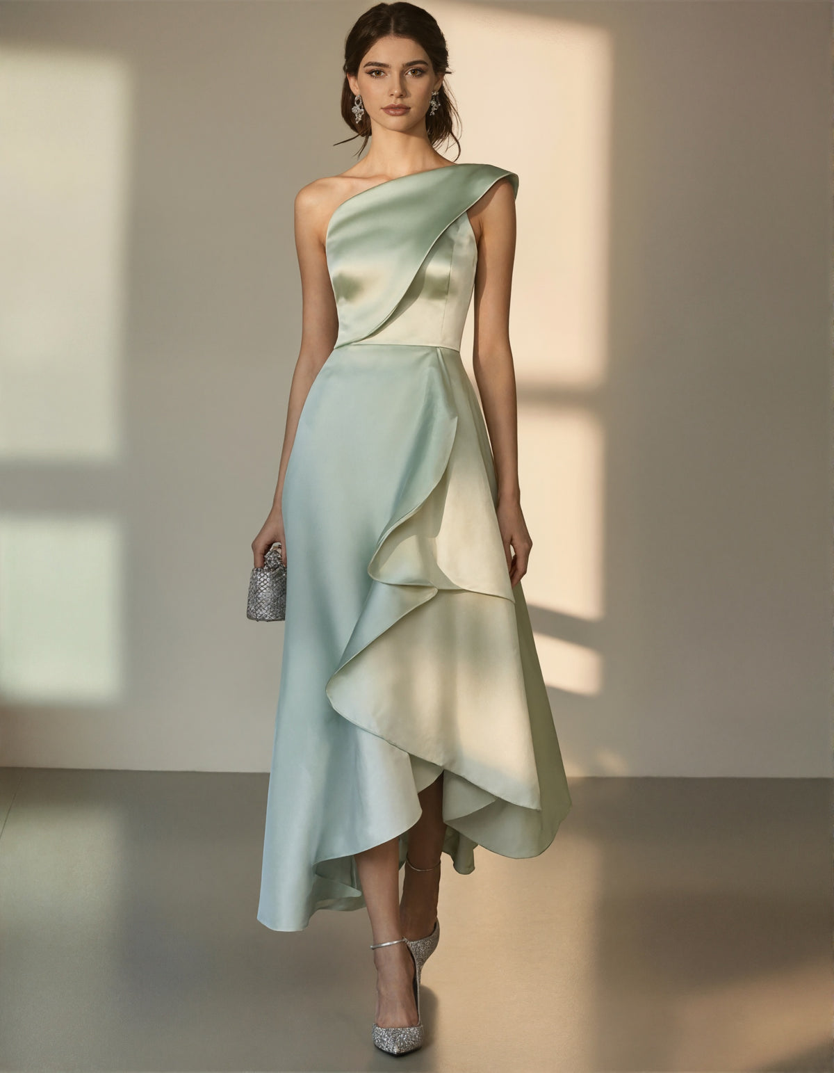 Elegant Mint Green Satin Gown with Asymmetric Ruffle and One-Shoulder Neckline