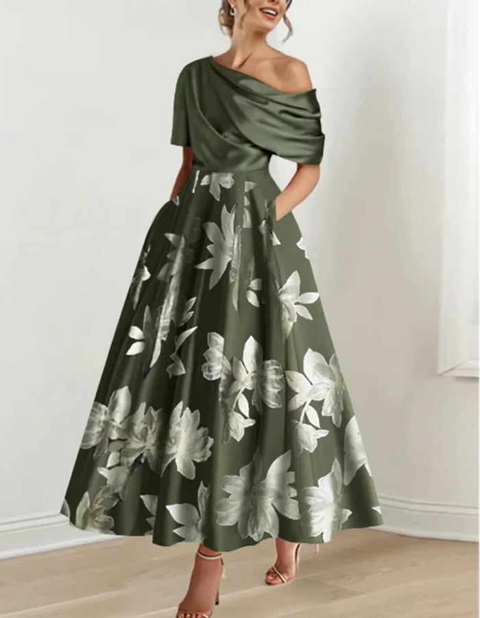 Vestido Midi Retro de Hombros Descubiertos con Estampado de Color Sólido y Costuras
