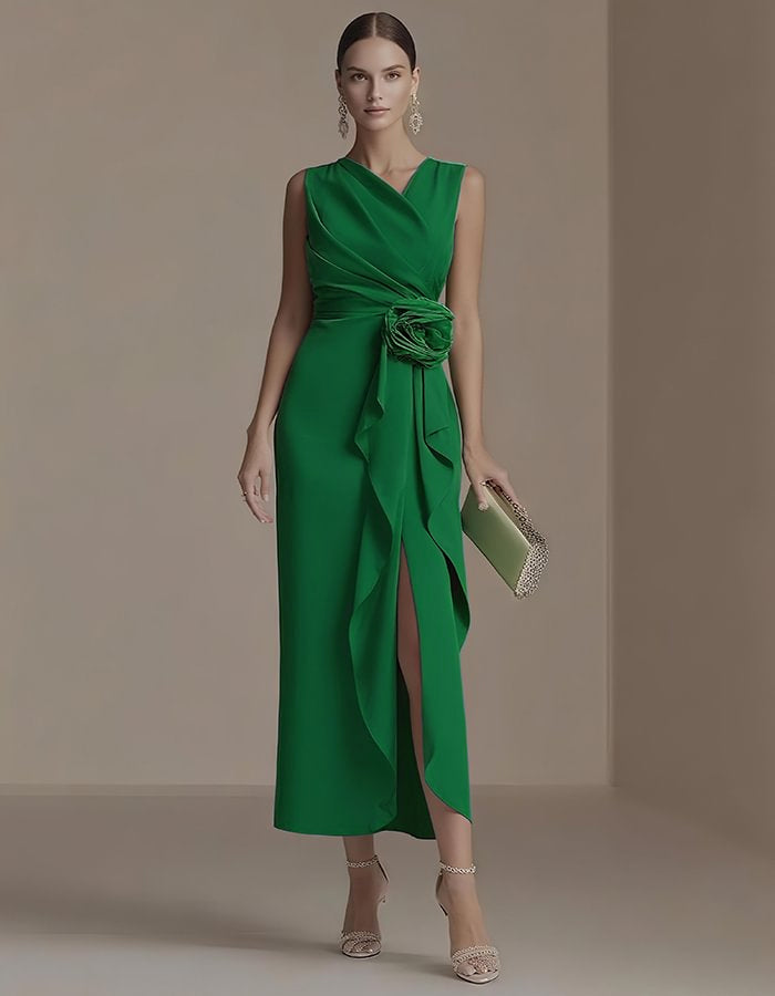 Elegante vestido midi de satén con cuerpo drapeado y cintura floral