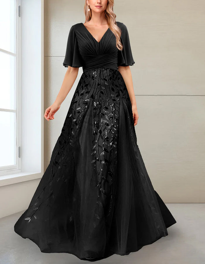 A-line V-neck Half-sleeve Side-slit Mother Of The Bride Maxi Dress