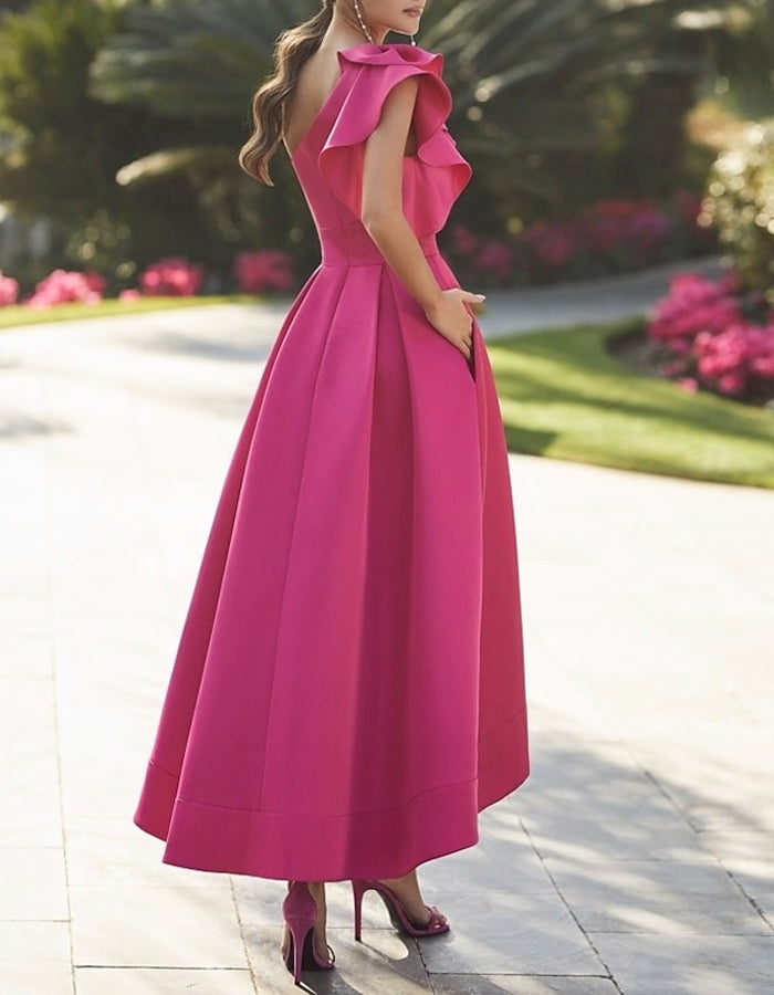 A-line Asymmetric Sleeveless One Shoulder Ruffle Midi Dress