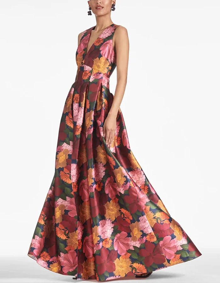 Deep V-neck Floral Sleeveless Maxi Dress