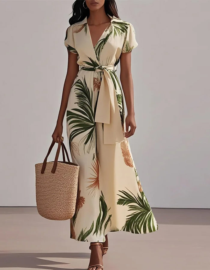 Tropical Ivory Crepe Maxi Dress with Green Palm Leaf Print and Waist Tie
