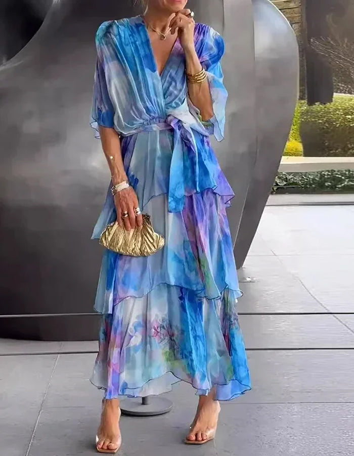Ethereal Chiffon Midi Dress with Watercolor Ruffle Layers