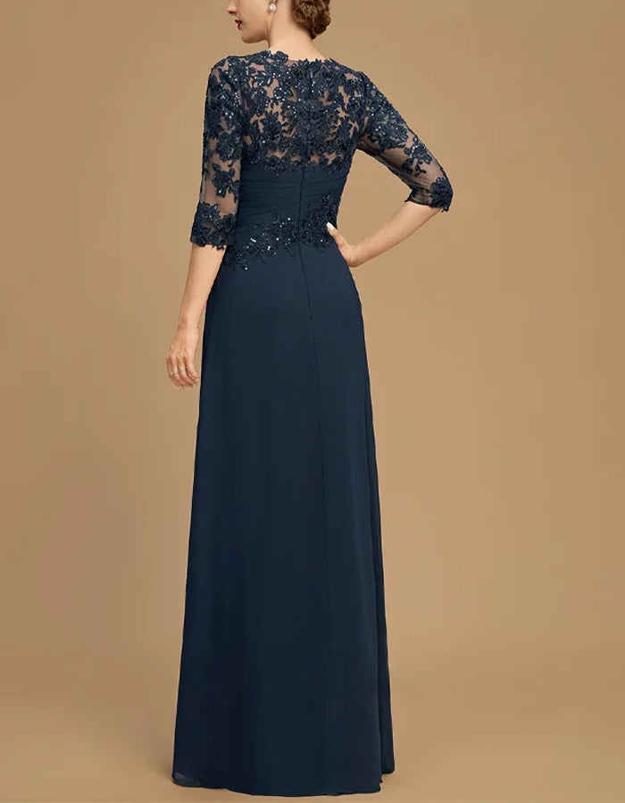 Robe longue en mousseline et dentelle bleu foncé à col rond