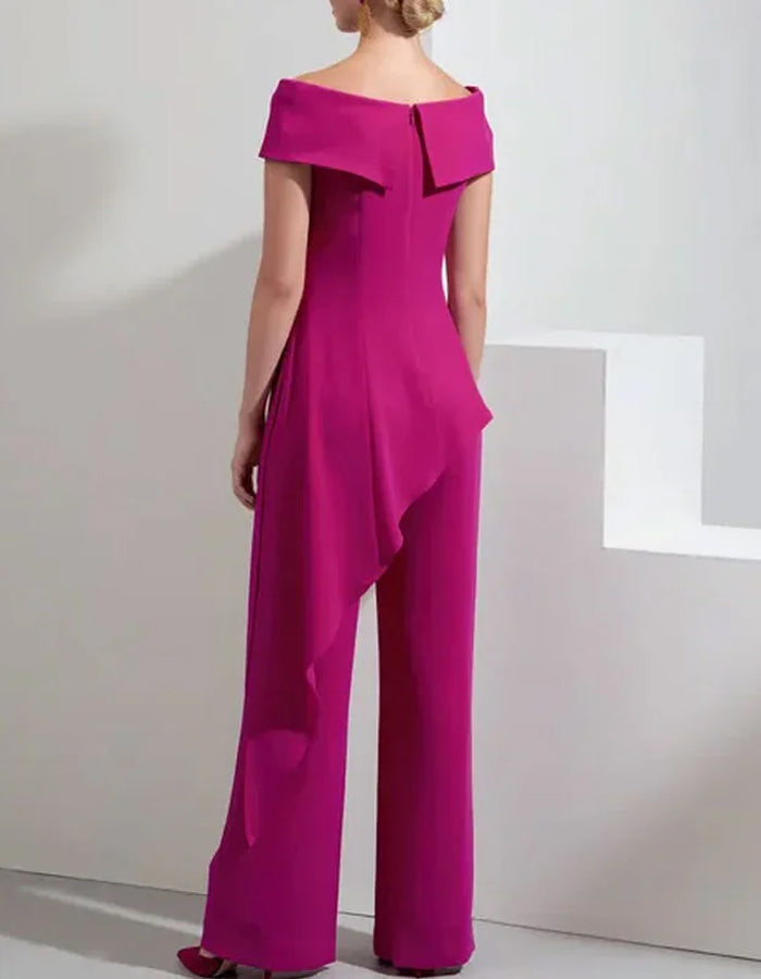 Elegant Crepe Jumpsuit with Asymmetric Draped Overlay and Off-Shoulder Neckline