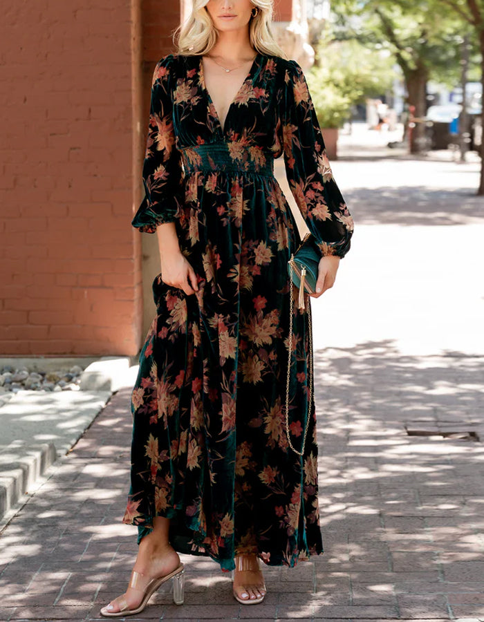Dark Green Velvet Embossed Long Sleeves Maxi Dress