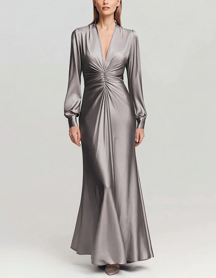 Grey Pleated Satin V-neck Long Sleeves Maxi Dress