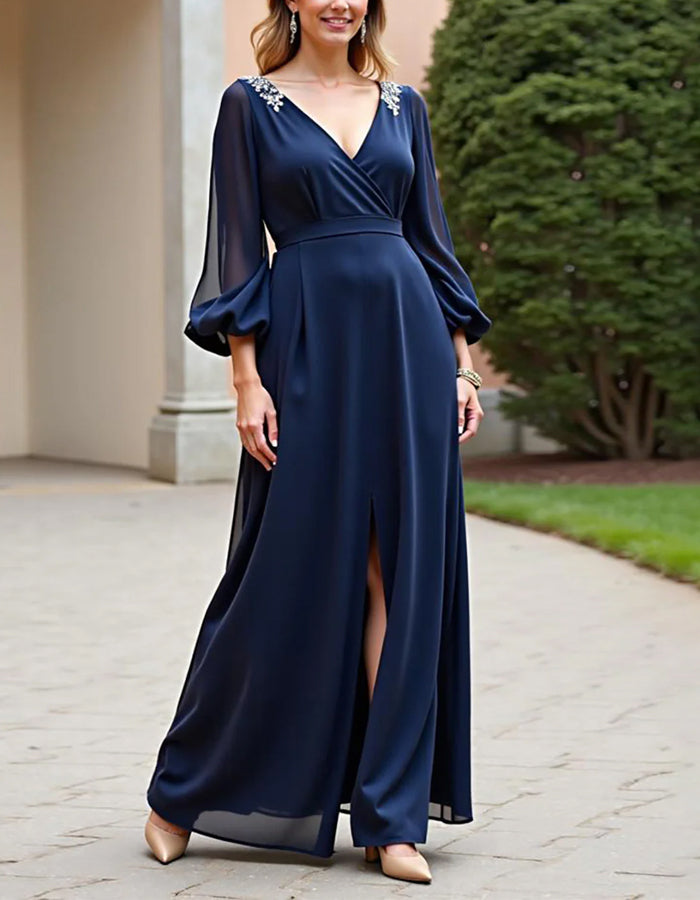 Dark Blue Long-sleeved Chiffon Slit Maxi Dress