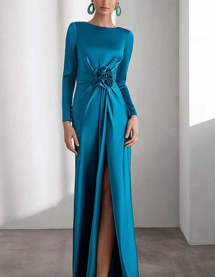 A-line Long-sleeved Shirt Collar With Elastic Satin Shoulder Flowers Maxi Dress