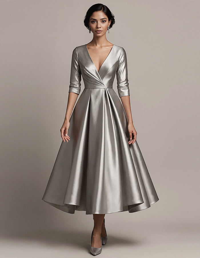 Silver V-neck Satin Midi Dress
