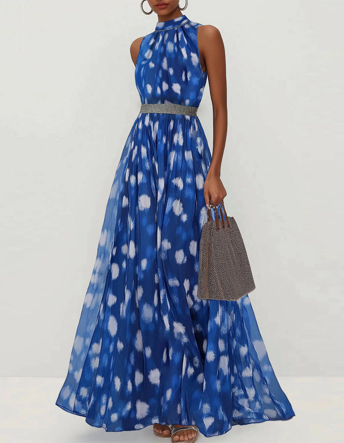 Vestido maxi de chifón sin mangas con estampado azul