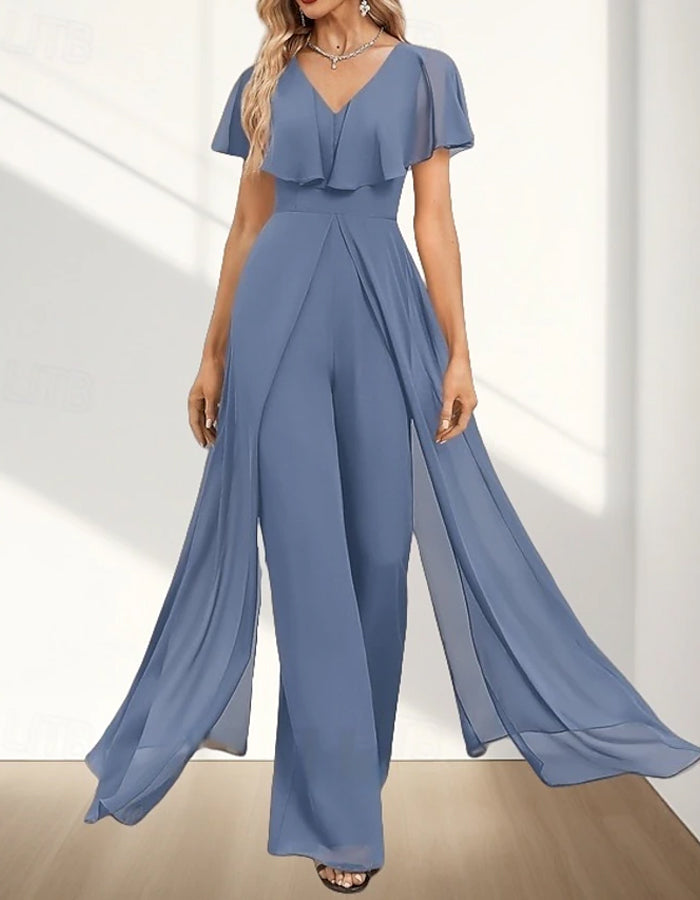 V-neck Chiffon Short-sleeved Ruffled Jumpsuit