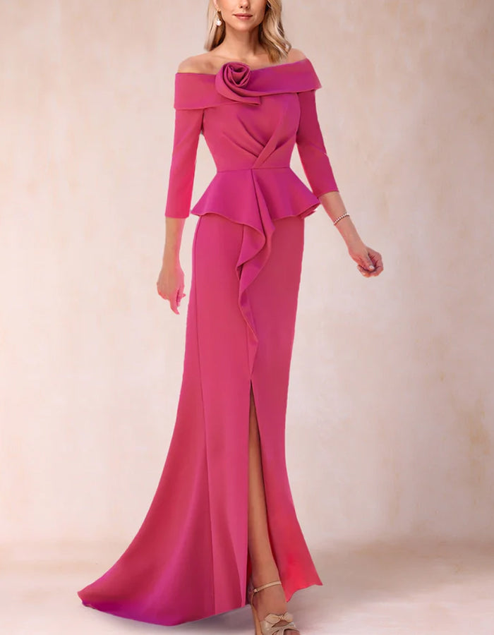 Rose Red With Ruffled Side Slits Maxi Dress