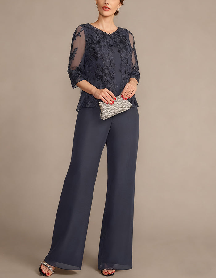 Gray Lace Chiffon 2-Piece Suit