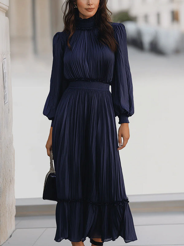 Navy Blue Chiffon Long Sleeves Maxi Dress