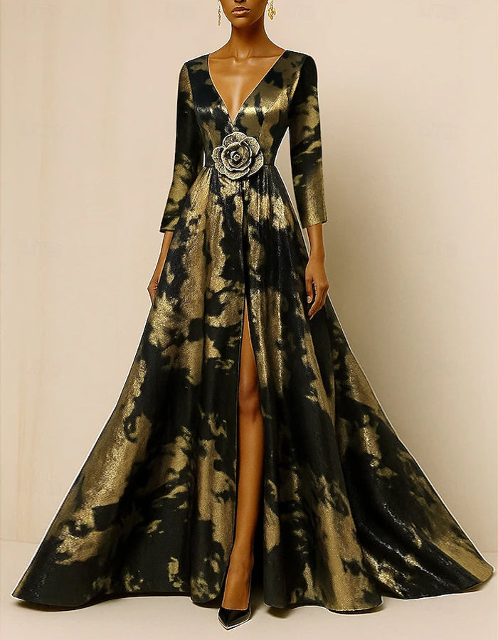 Robe longue évasée à imprimé floral, col en V, noir et doré