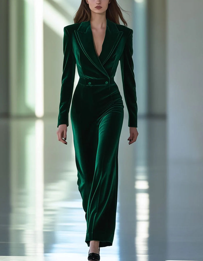 Vintage Green Velvet Lapel Long Sleeve Suit