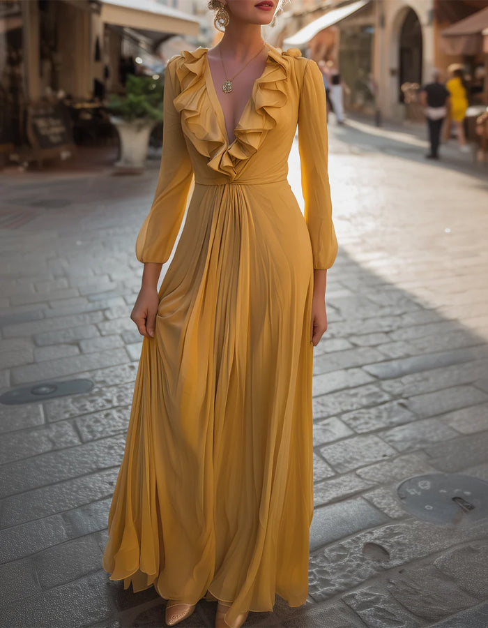 Yellow Ruffled Long Sleeved Chiffon Maxi Dress