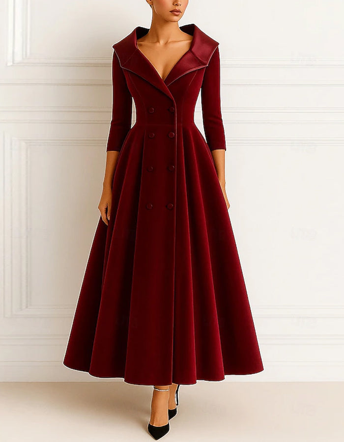 Red A-line Velvet Long Sleeved Pleated Maxi Dress