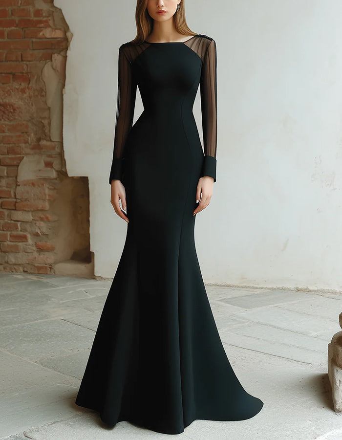 Black Mesh Panel Long Sleeves Maxi Dress