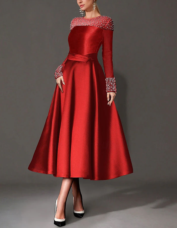 Round Neck Satin Pearl Midi Dress