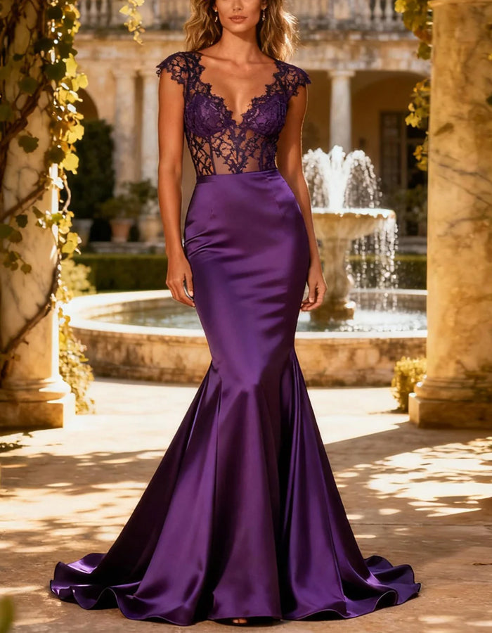 Purple V-neck Long Ball Gown Maxi Dress