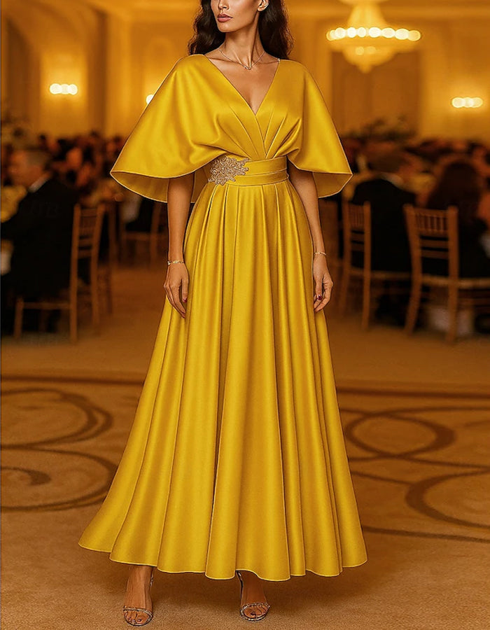Solid Color Short Sleeved V-neck Satin Maxi Dress