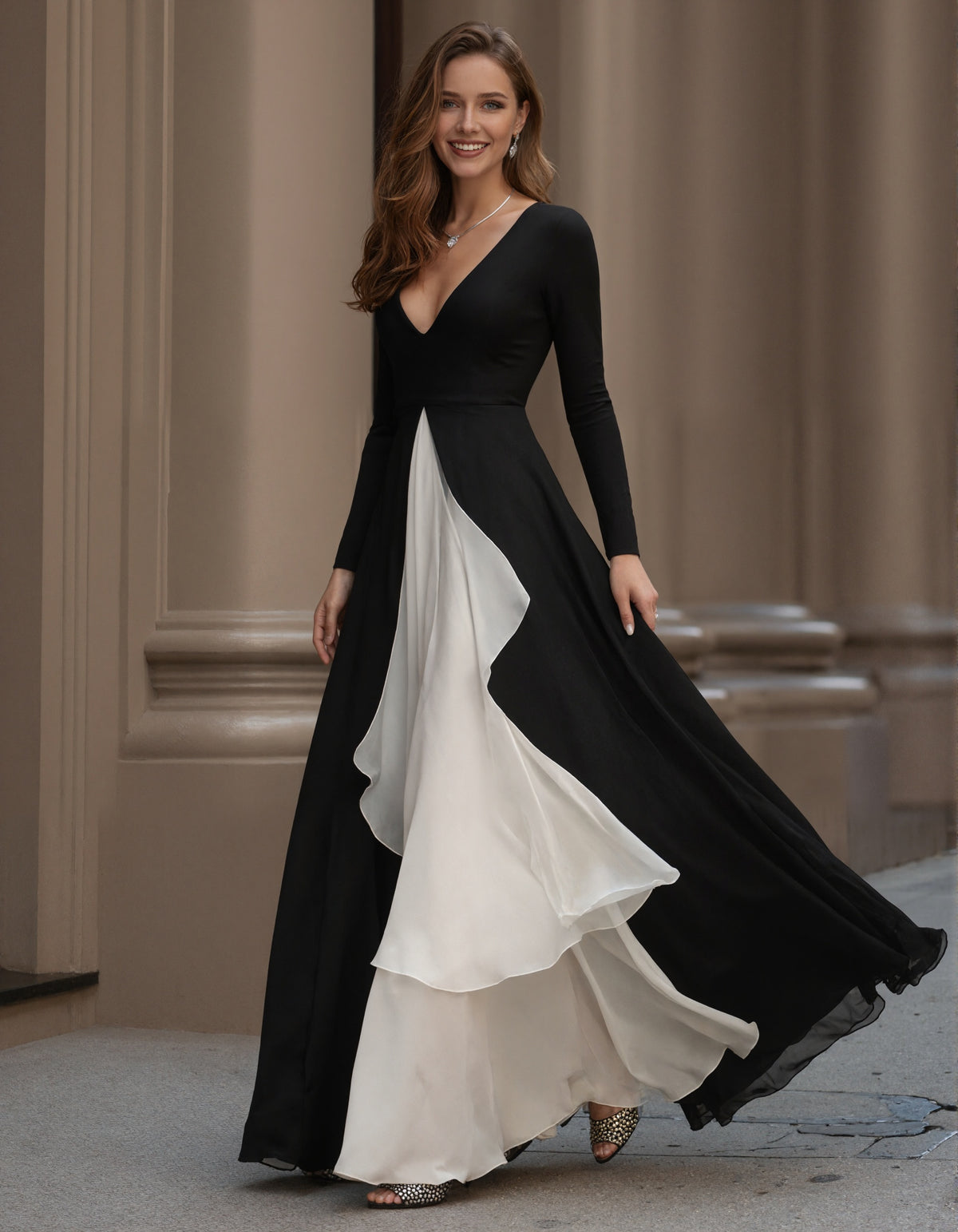 Black Contrast Stitching Long Sleeves Maxi Dress