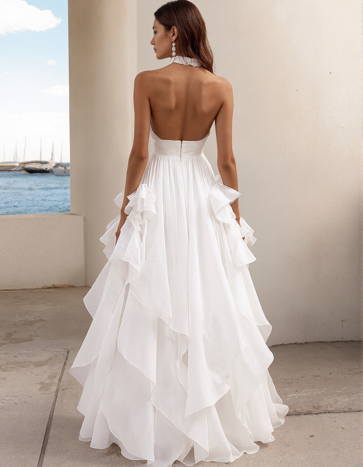 Vestido largo de chifón blanco con abertura y corte en A
