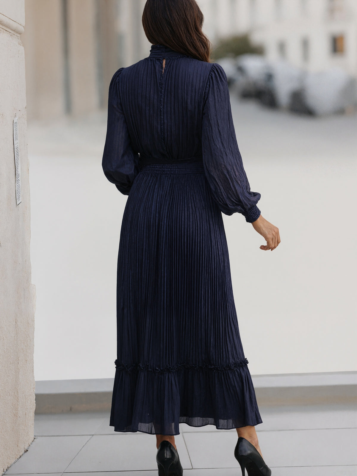 Navy Blue Chiffon Long Sleeves Maxi Dress